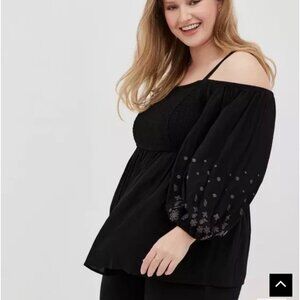 Torrid Gauze Embroidered Smocked Cold Shoulder Top 4